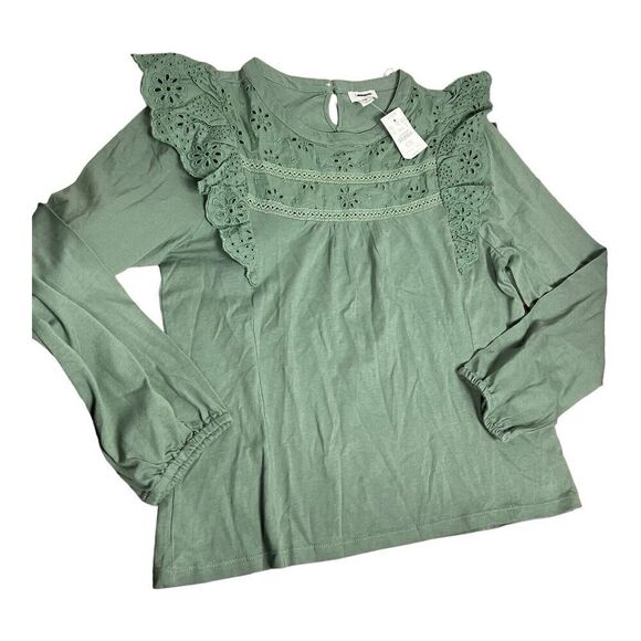 J Crew Top Women’s M Green Long-sleeve Eyelet Ruffle Cotton BN638 Modest Dainty - Picture 2 of 13